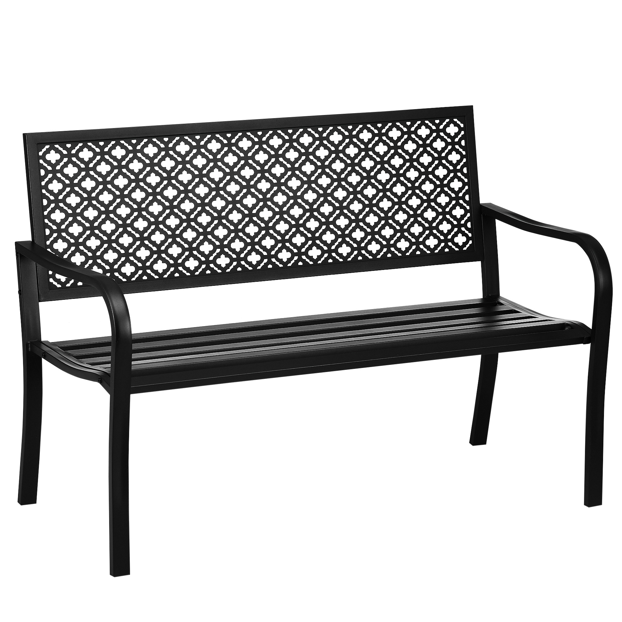 Banco de jardim Outsunny em aço, banco externo de 2 lugares com encosto decorativo estampado para terraço, varanda e pátio, capacidade de carga de 240 kg, 127 x 63 x 83 cm, preto