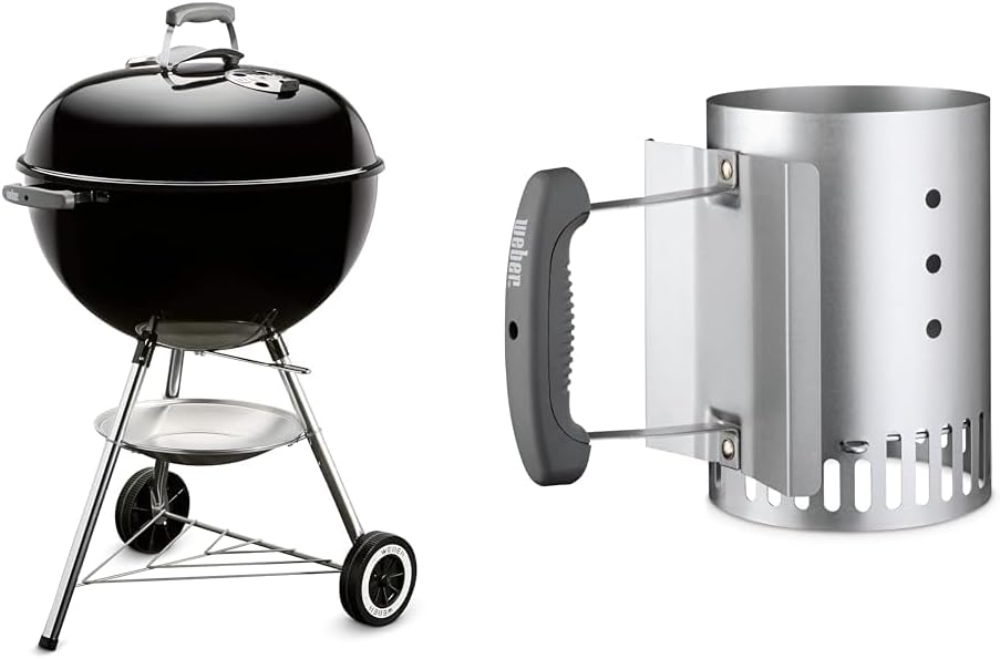 Weber Classic Kettle barbecue au charbon de bois, surface de cuisson Ø 57cm, barbecue avec couvercle et cuve en acier emaillé, thermomètre intégré au couvercle, trépied et roues - Noir (1341504)