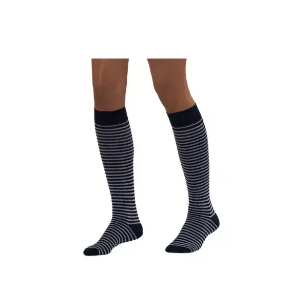 Meias listradas femininas Sigvaris, classe 2, tamanho P, cano longo, azul