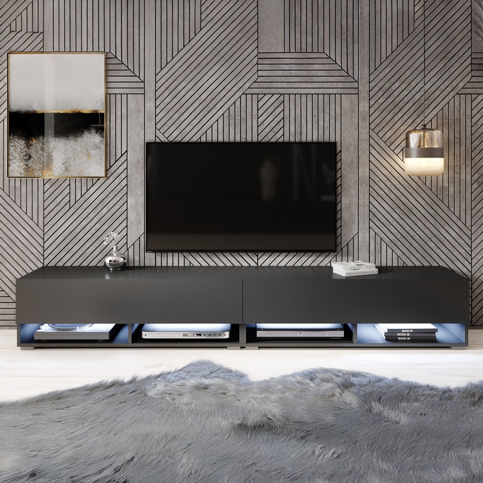 Asino - TV-Meubel met verlichting - Mat zwart - 200 cm