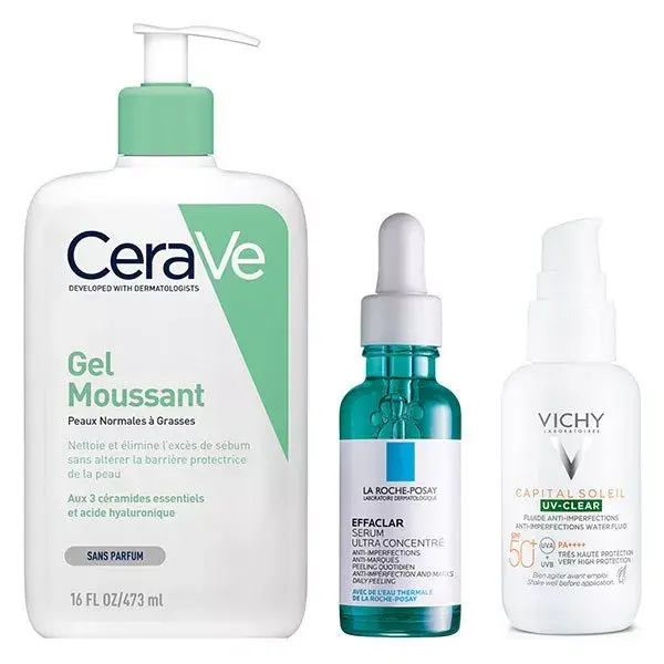 Gel de banho espumante Cerave 473ml + Sérum La Roche-Posay Effaclar 30ml + Protetor solar Vichy Capital Soleil UV-CLEAR FPS 50+ 40ml