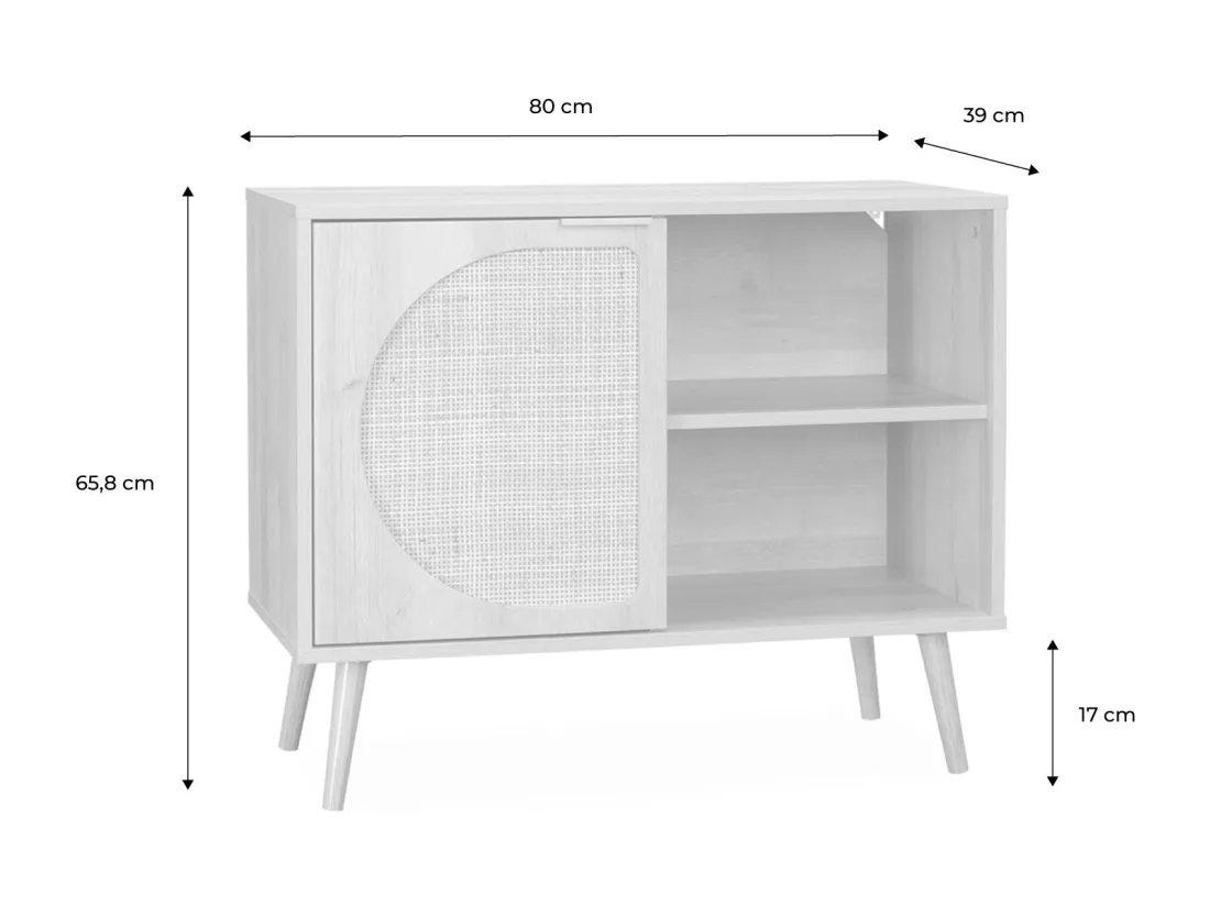 Buffet de rangement décor bois cannage arrondis. Eva. 1 portes réversible. deux niveaux. buffet bas. L80 x l39 x H65.8cm