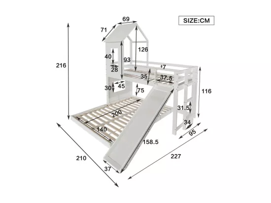 Lit superposé cabane pour enfant avec toboggan - 90x200cm et 140x200cm - Pin certifié FSC + MDF - Blanc
