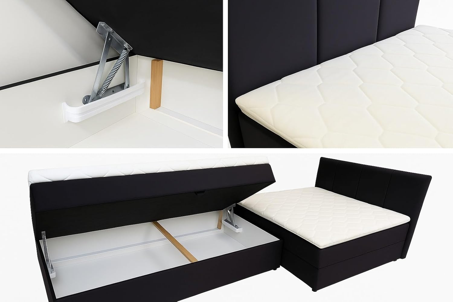 A&J MöbelLand Boxspringbett 180x200 mit Bettkasten und Lattenrost – REF, Bett mit Matratze H4 und Stauraum in Dunkelgrau