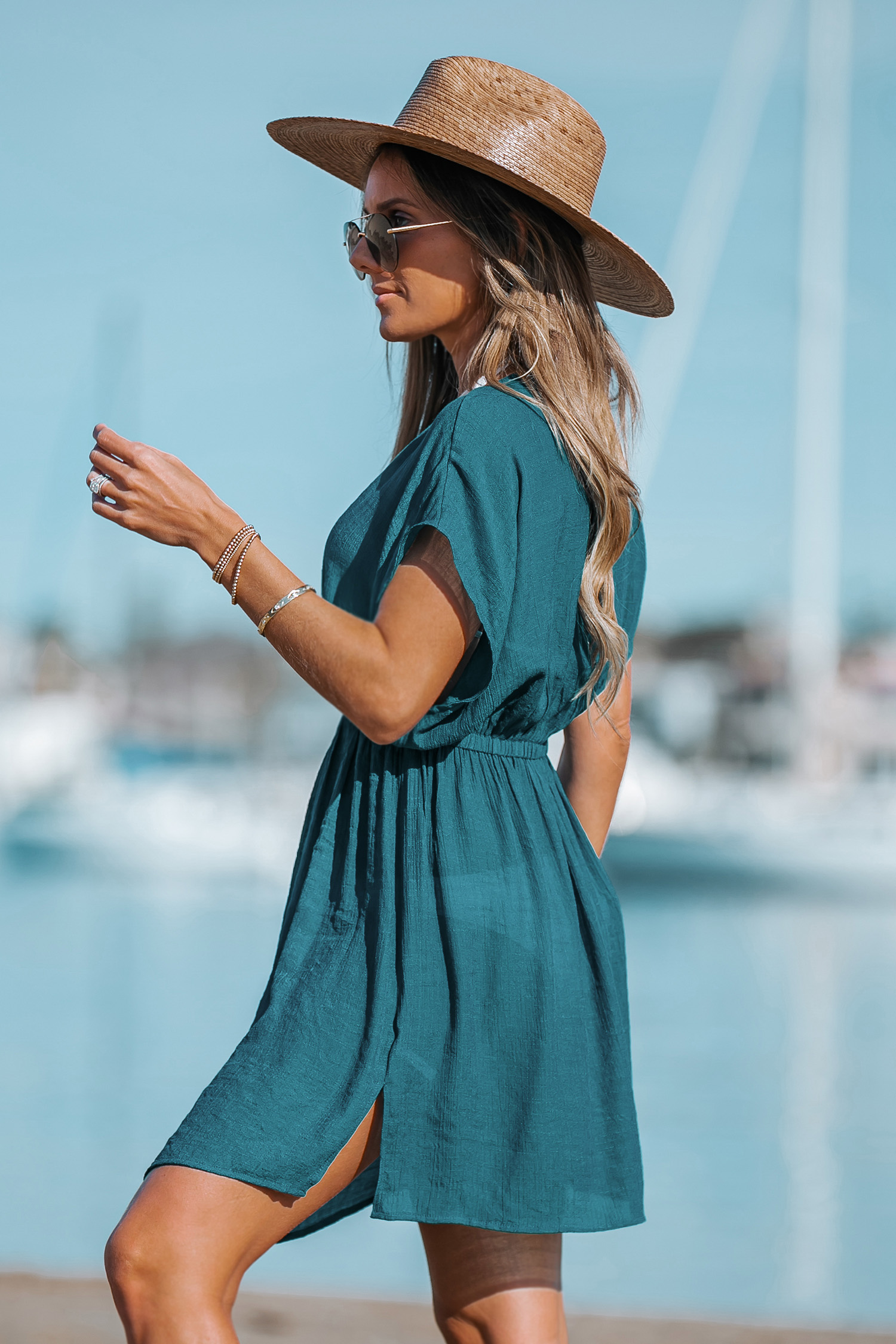 Robe cover up mini à col en V et manches courtes dolman
