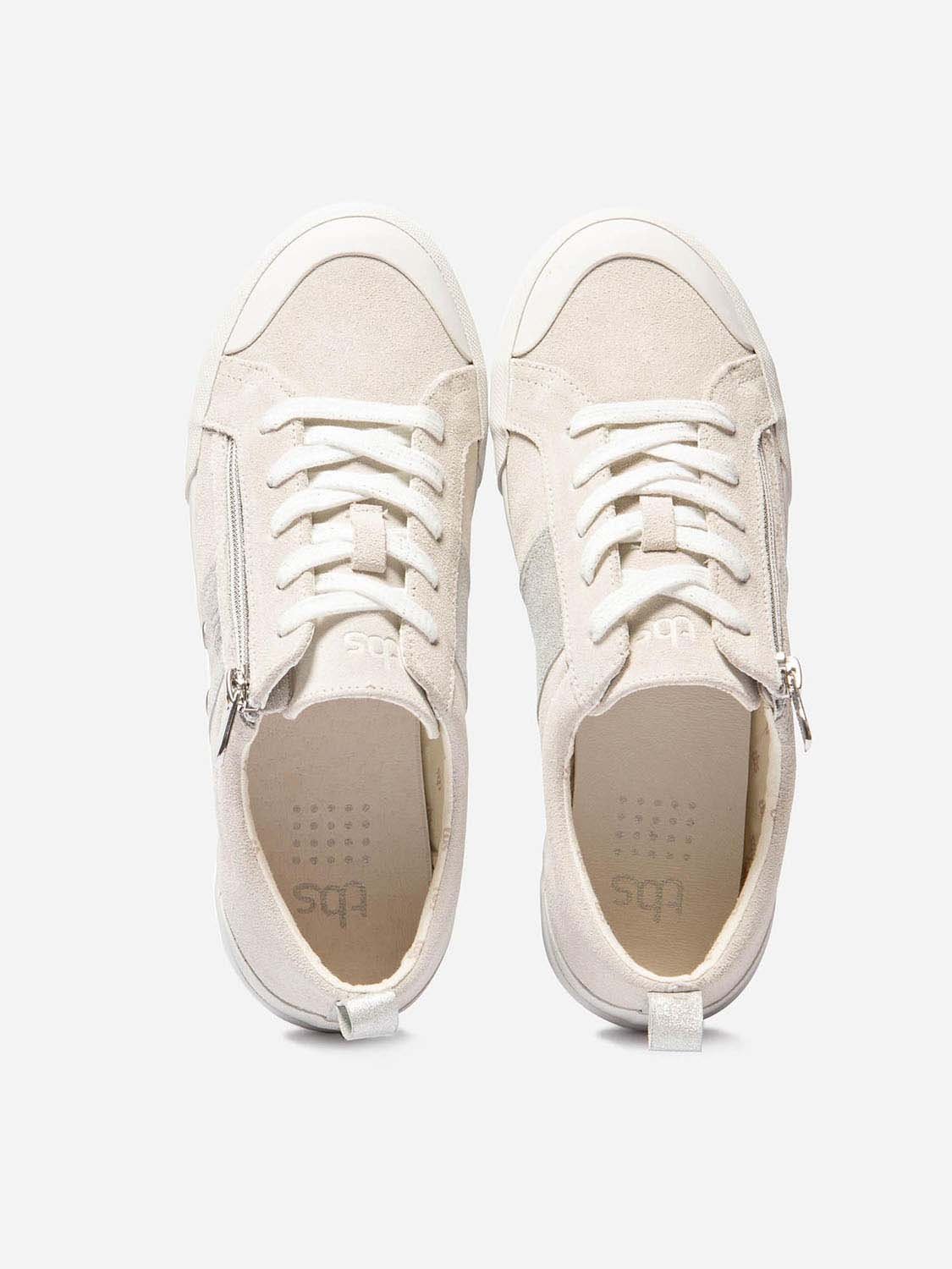 Tennis Femme Zip Latéral Dessus Cuir Velours Blanc