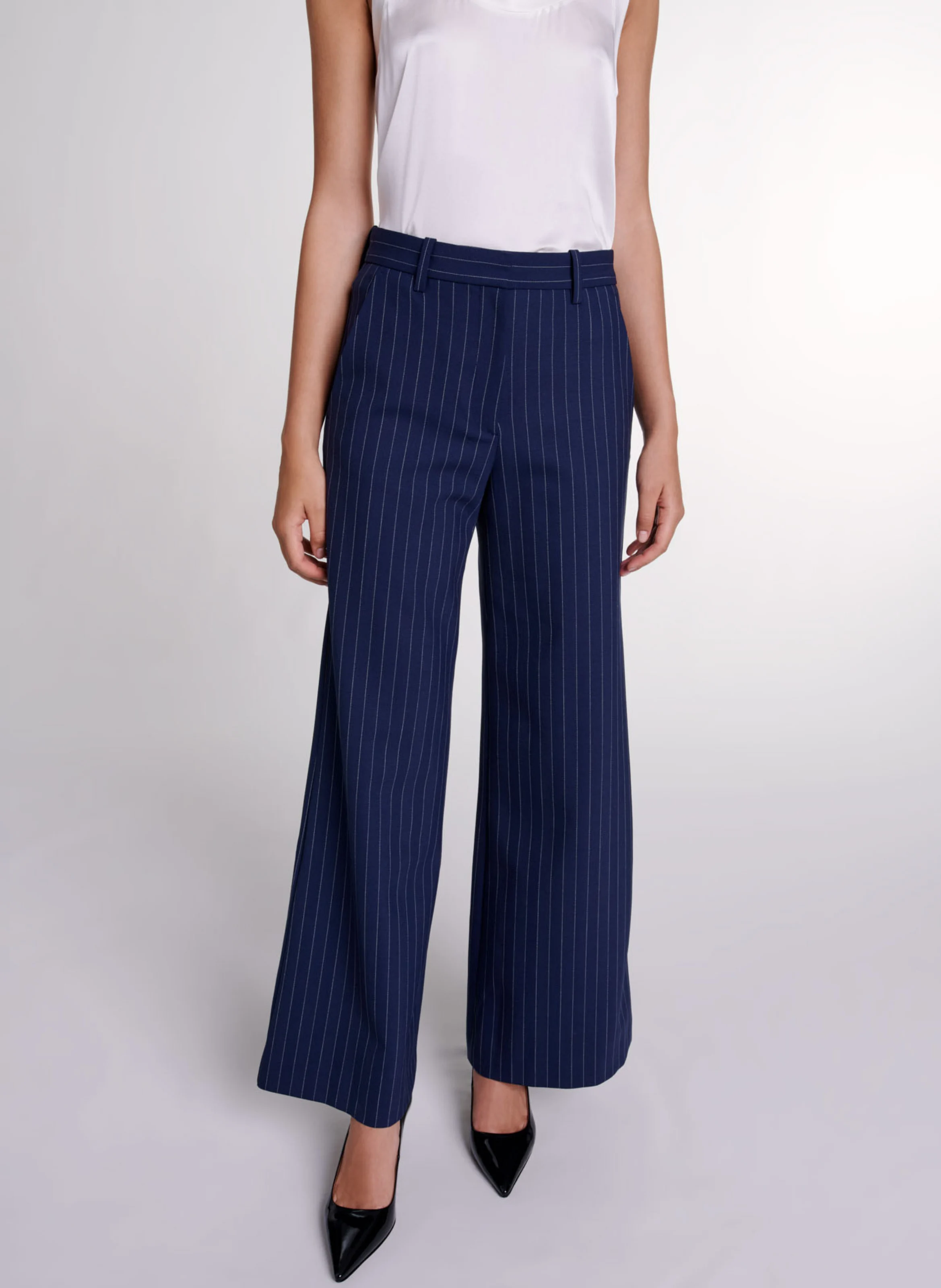 Pantalon large taille haute en laine mélangée rayé | Rayé