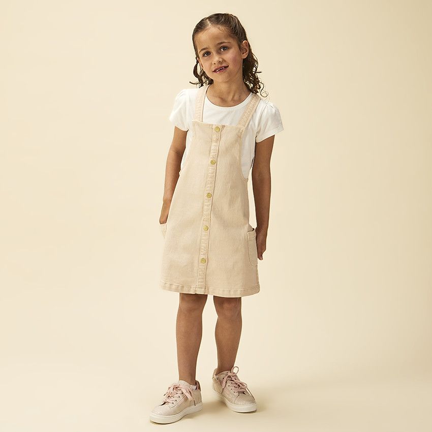 Robe salopette en jean à boutons décoratifs pour fille - Ecru