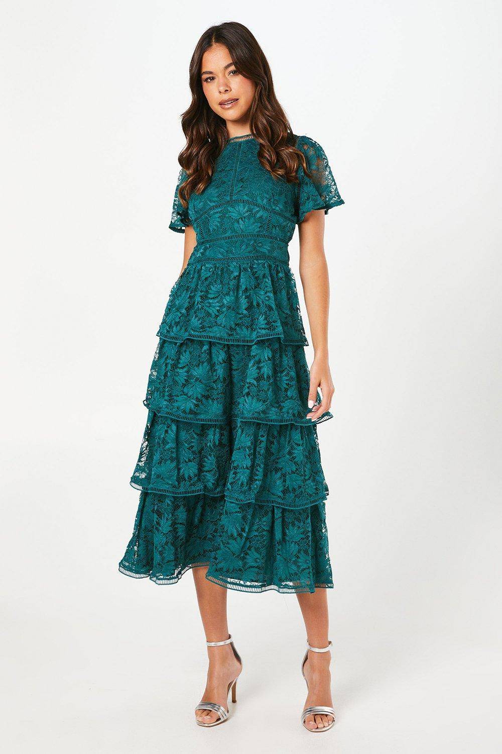 Coast Robe en Dentelle à Volants Petite avec Manches Papillon et Finitions