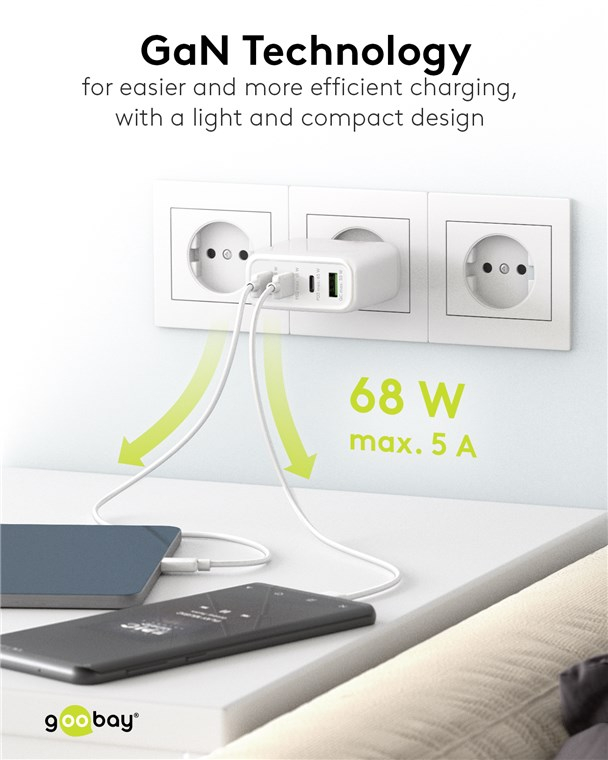 (68W/3A) USB A / 3x USB C GaN Ladegerät Netzteil Power Delivery / Quick Charge (64819) - Schwarz
