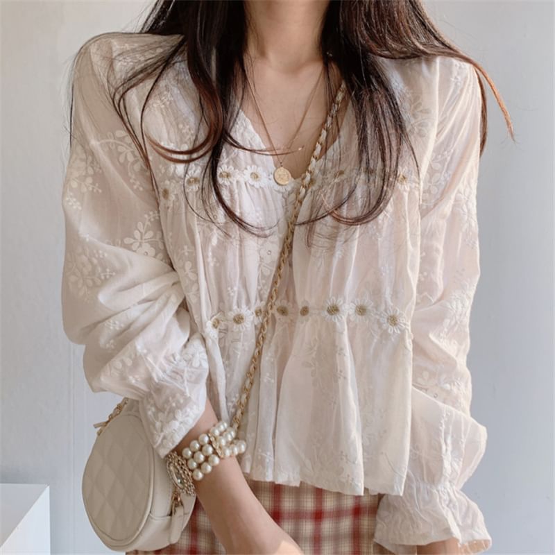 ISSOL - Blouse met lange mouwen en V-hals en kant