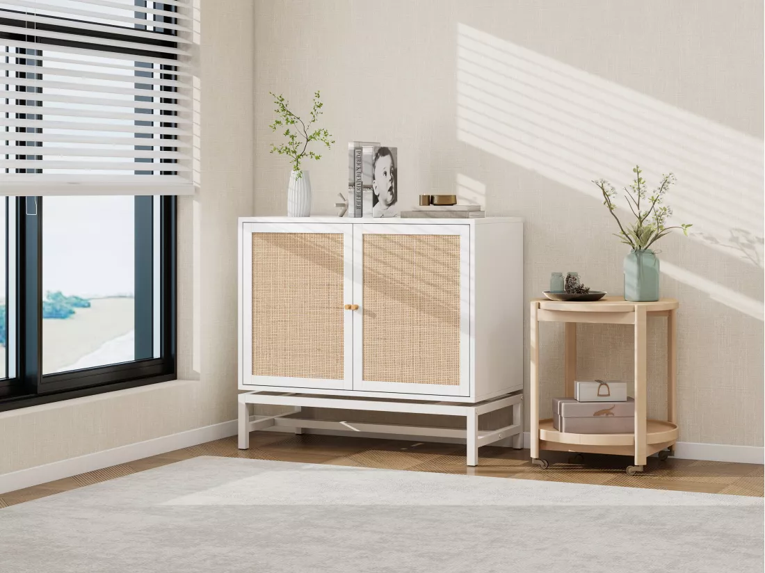 Armoire Murale avec Éléments en Rotin Naturel, Portes Doubles, Design Suspendu et Base Métallique, Rangement Flexible
