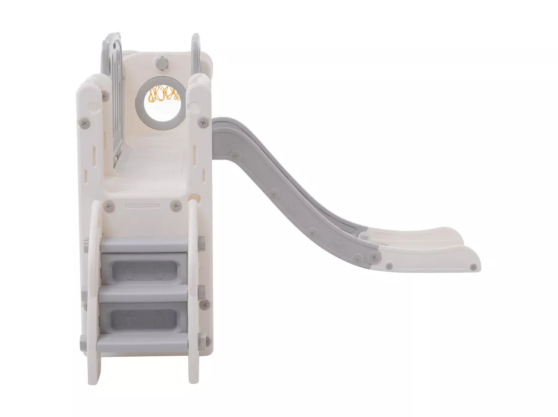 Toboggan 6 en 1 en PEHD pour enfant, avec plate-forme, escalier, 2 zondes de rangement, arcade, panier de basket, gris