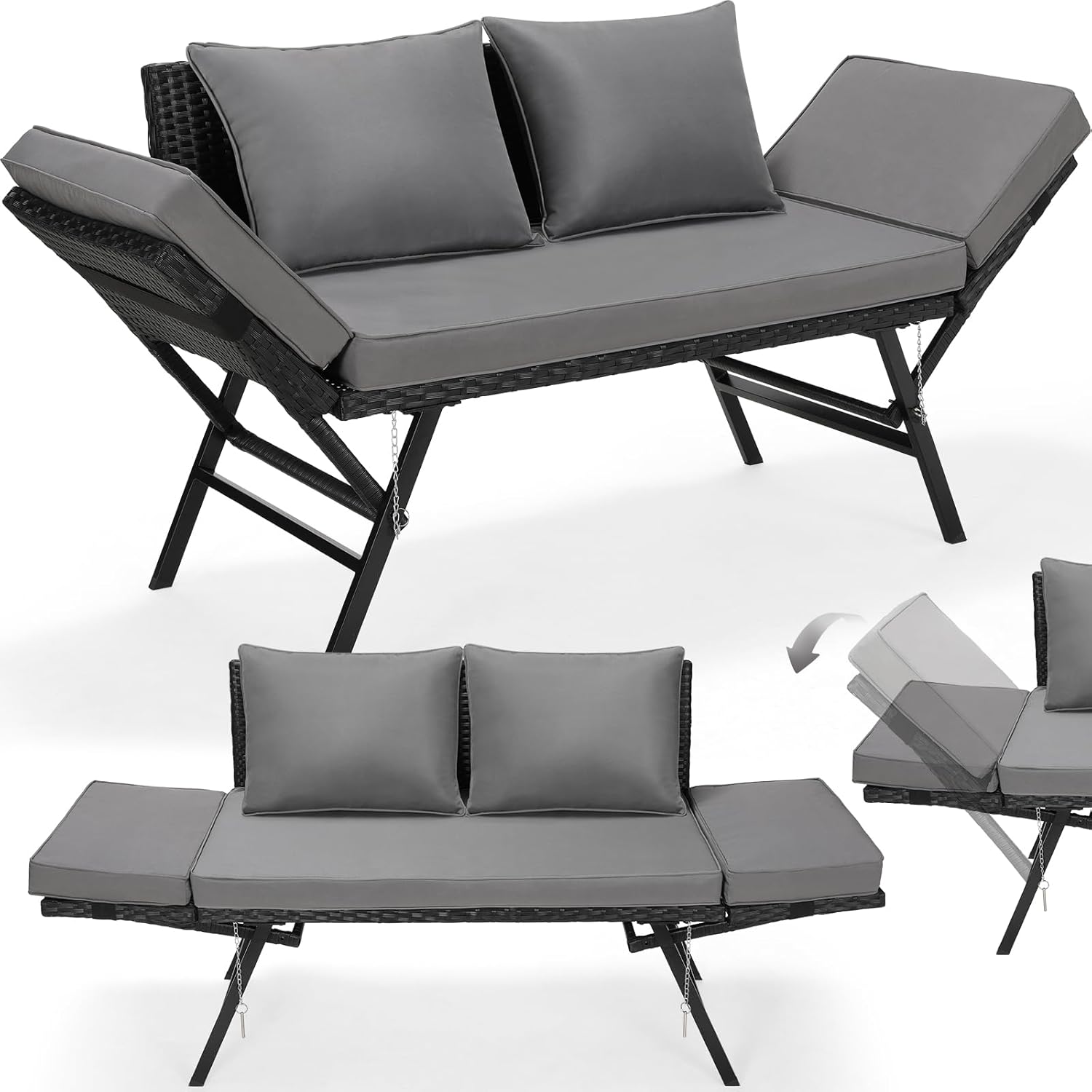 LIFERUN Gartenbank Polyrattan mit Liegefunktion, 2-Sitzer Polyrattan-Möbel, Rattan Gartensofa mit Verstellbare Armlehnen, Gartenbank Wetterfest für Garten, Balkon,Terrasse (Schwarz),2PCS Kissen QV1712296