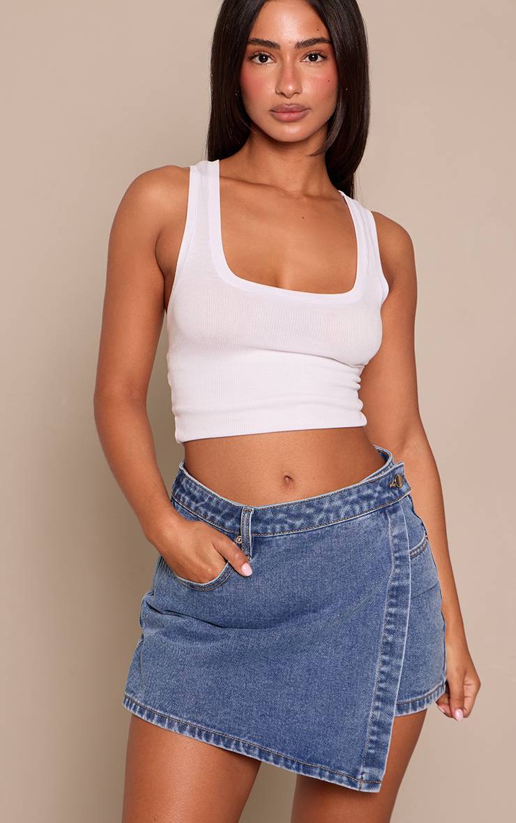 Mid Blue Wash Jupe-short En Jean Délavage Bleu Moyen Avec Devant Cache-cœur Petite