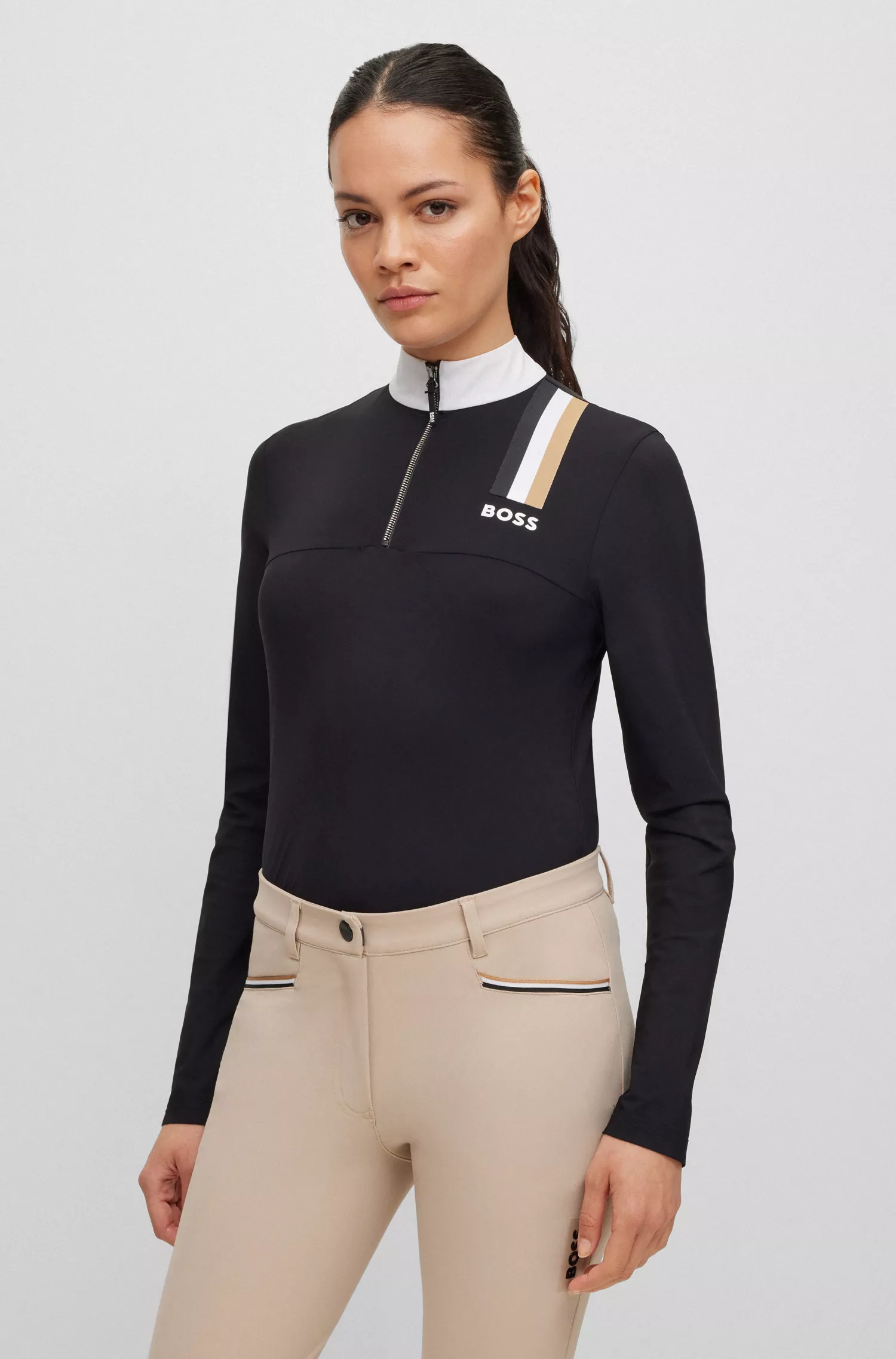 Camisa de competição BOSS Black-Equestrian slim-fit em tecido power stretch.