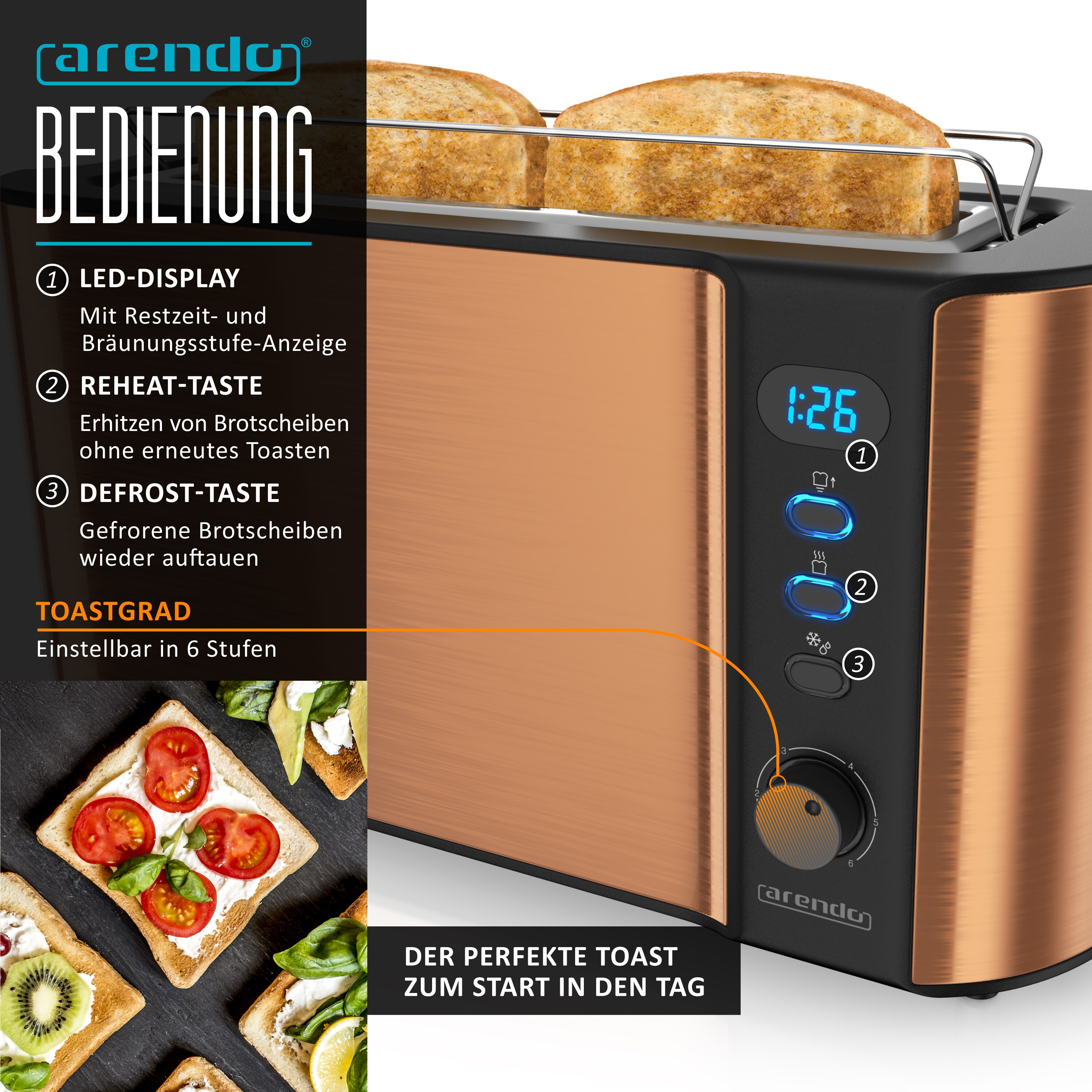 Arendo Frühstücksset, Wasserkocher 1,5l, 2-Scheiben Toaster Langschlitz, 3er Eierkocher, Kupfer