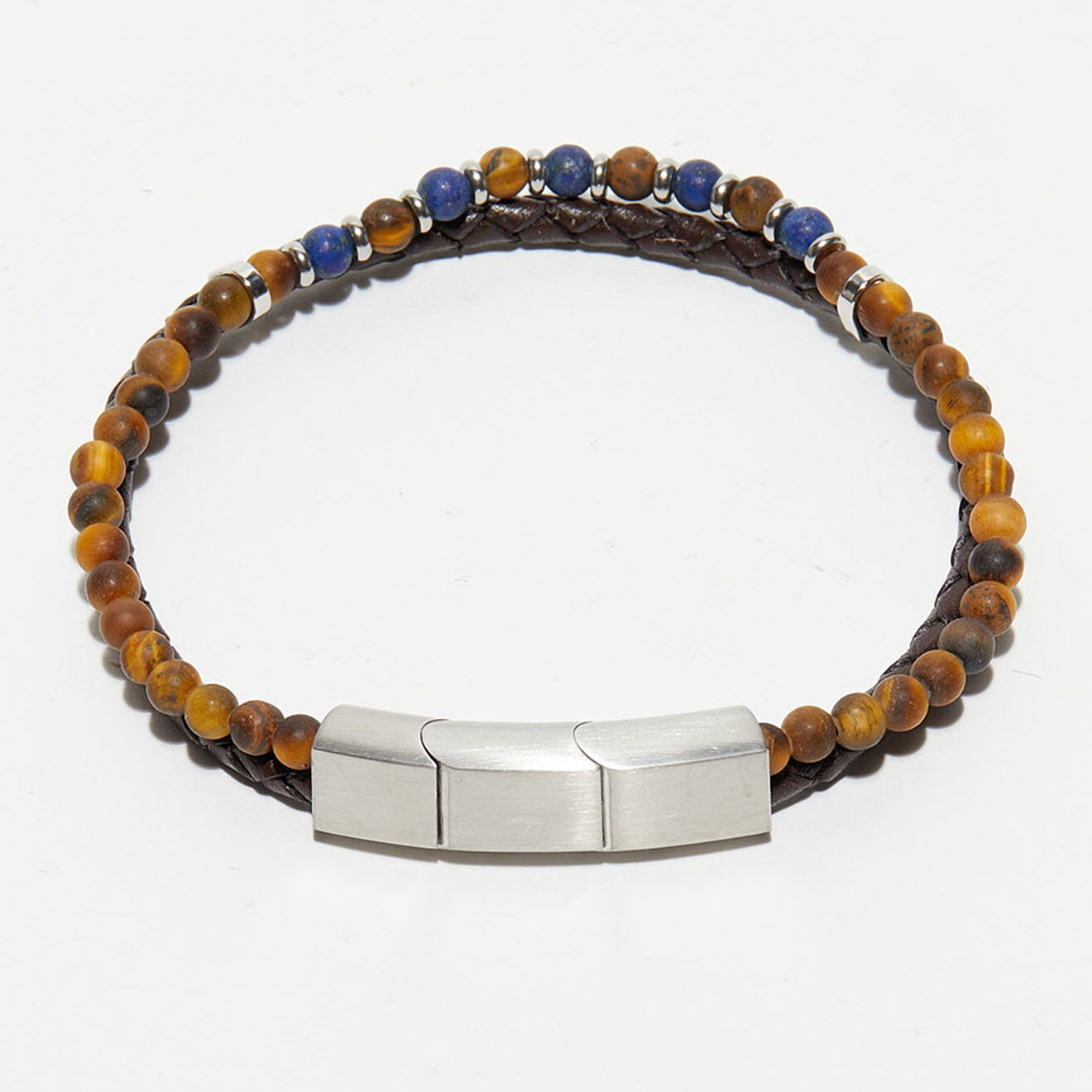 Jacobson Bracelet double tour Blaise en Cuir, Oeil de tigre & Lapis