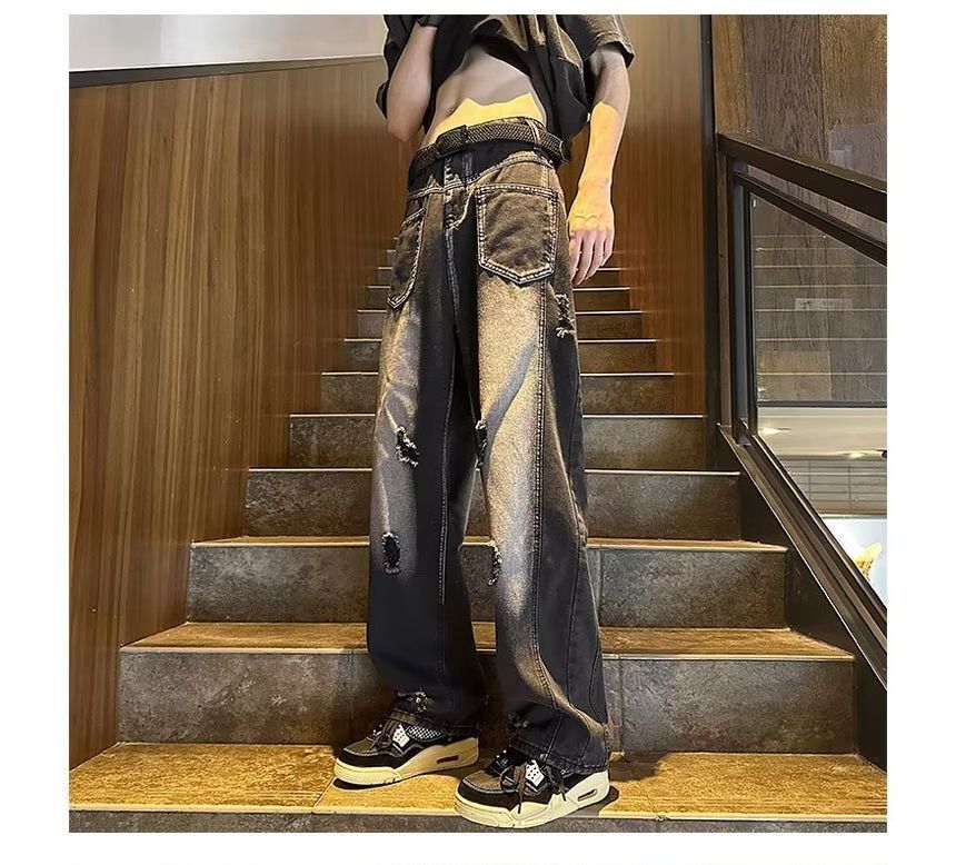 Bay Go Mall - Low Rise Washed Distressed Straight Leg Jeans