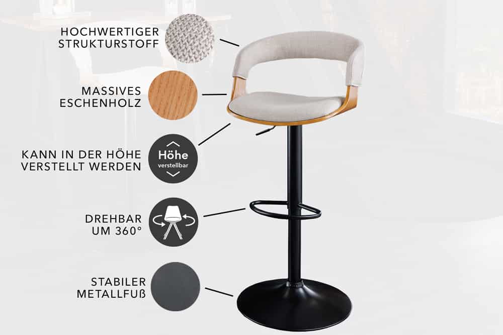 riess-ambiente Barhocker MANHATTAN - Retro beige Strukturstoff Massivholz mit Lehne drehbar höhenverstellbar