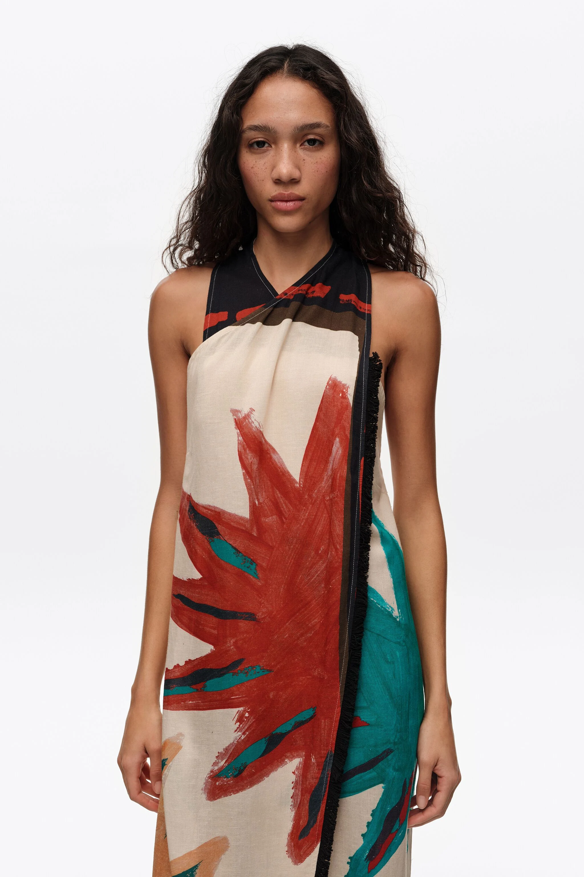 Vestido midi envelope com franjas Positional Sun