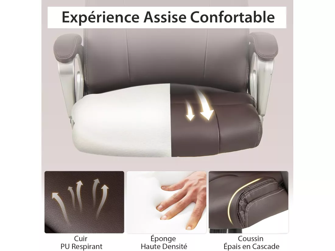 Fauteuil de Bureau Ergonomique, Chaise de Bureau en Cuir PU, à Bascule, Hauteur Réglable, Fauteuil de Gamer, Chaise de Travail Pivotant, Charge Maximale 160 kg, Marron