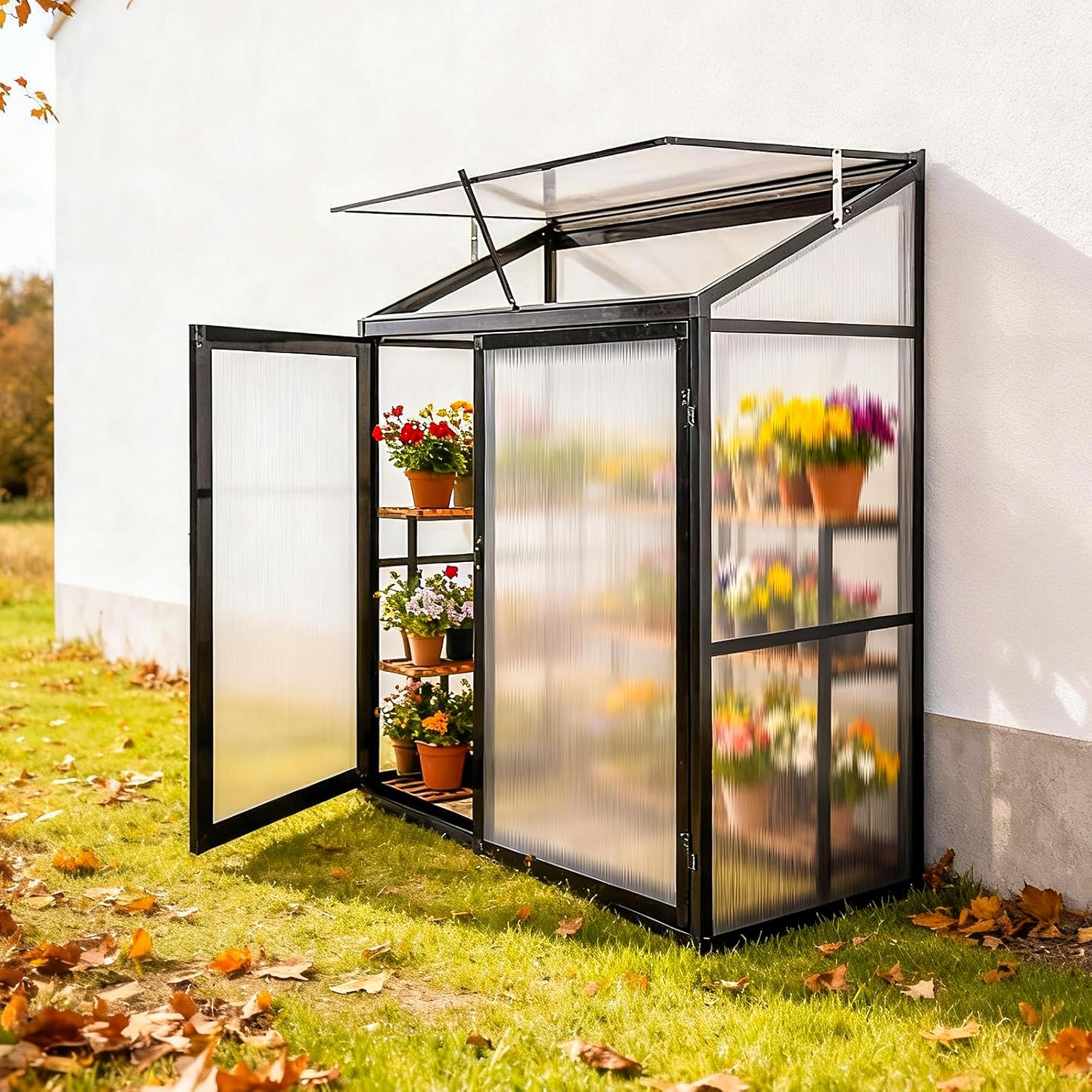 Aluminium Anlehngewächshaus Beistell Tomatengewächshaus klein Gewächshaus Doppeltür Treibhaus 140x55X130 cm schwarz