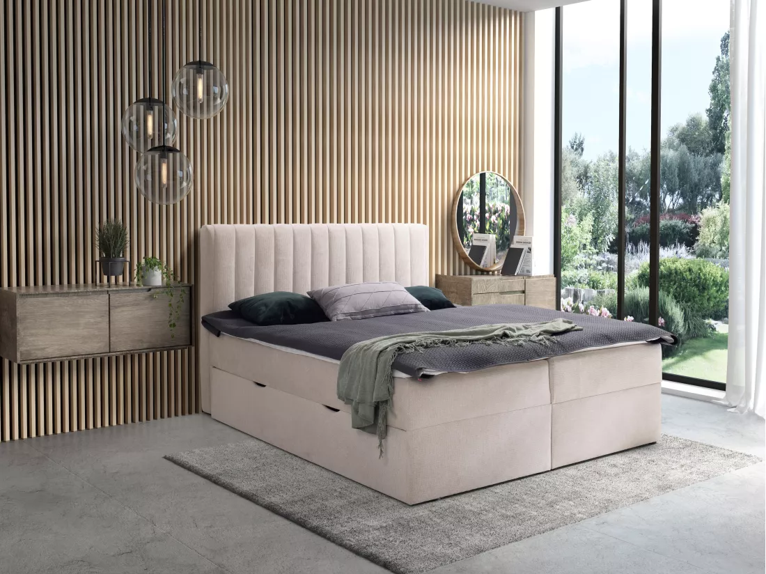 Ensemble complet literie déco tête de lit + sommiers coffre et tiroir + matelas + surmatelas - 180 x 200 cm - Tissu - Beige - ARAO de YSMÉE
