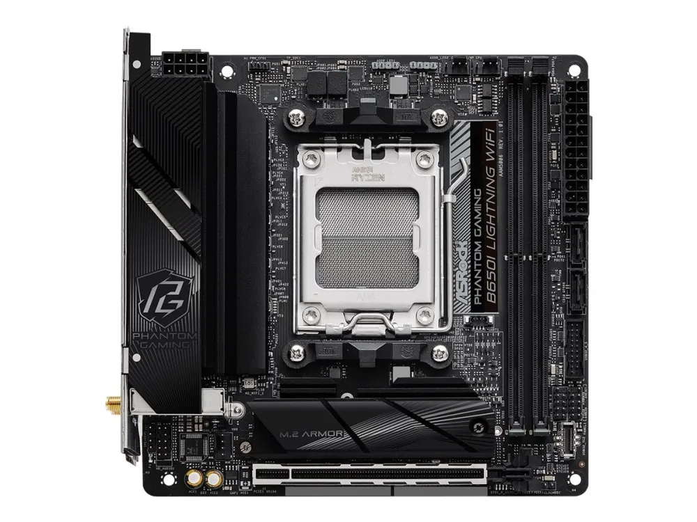 ASRock Phantom Gaming B650I Lightning WiFi - Bundkort - mini ITX - Socket AM5 - AMD B650 Chipset - USB-C 3.2 Gen2, USB-C 3.2 Gen 1, USB 3.2 Gen 2, USB 3.2 Gen 1 - 2.5 Gigabit LAN, Wi-Fi 6E, Bluetooth - onboard grafik (CPU påkrævet) - HD Audio (8-kana