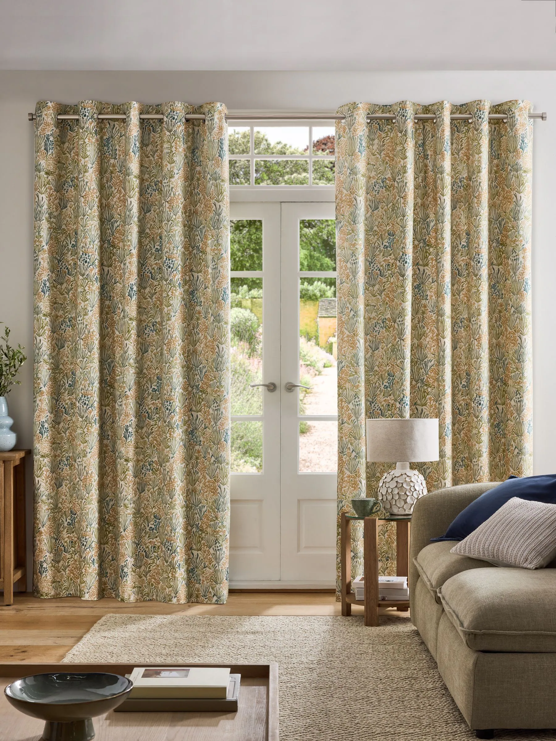 Autumn Leaf Print Eyelet Lined Curtains