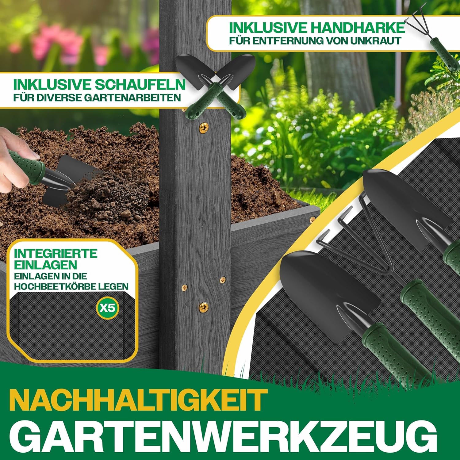 KESSER® Hochbeet mit 5 Etagen Premium Blumenkasten Blumentreppe Pflanztreppe Gemüsebeet Kräuterbeet Pflanzkübel Frühbeet Blumenbeet Pflanzkasten mit Gartenvlies - Beet inkl. Schaufelset, Anthrazit