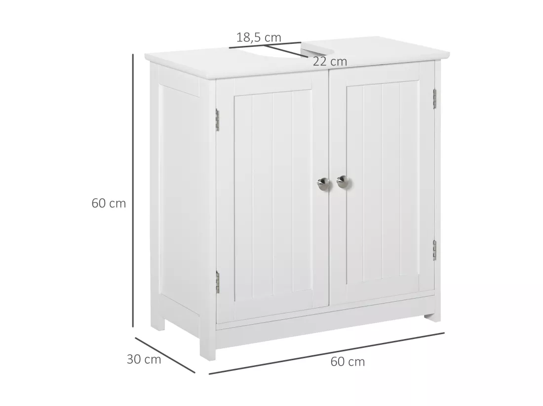 Meuble vasque - meuble sous-vasque - 2 portes rainurées avec étagère réglable - poignées métal chromé - dim. 60L x 30l x 60H cm - MDF blanc