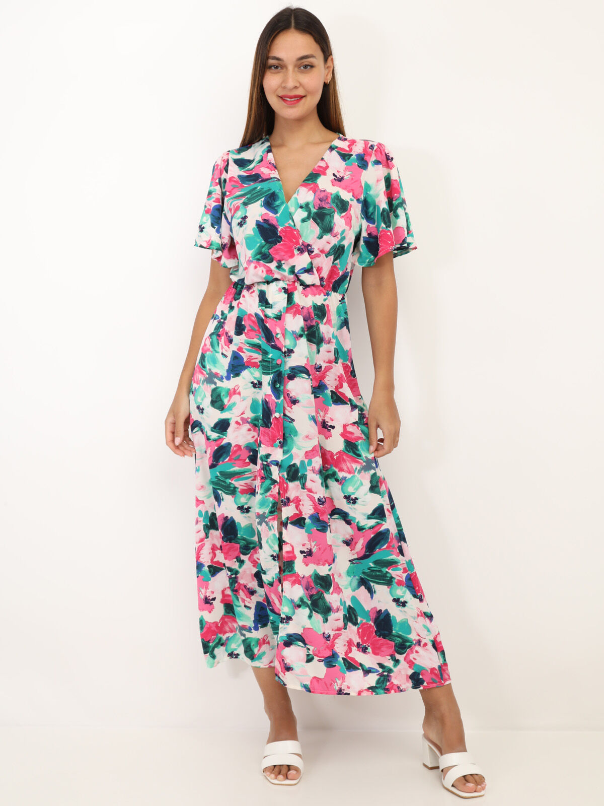 Robe fendue à imprimé fleurs aquarelles- vert_rose