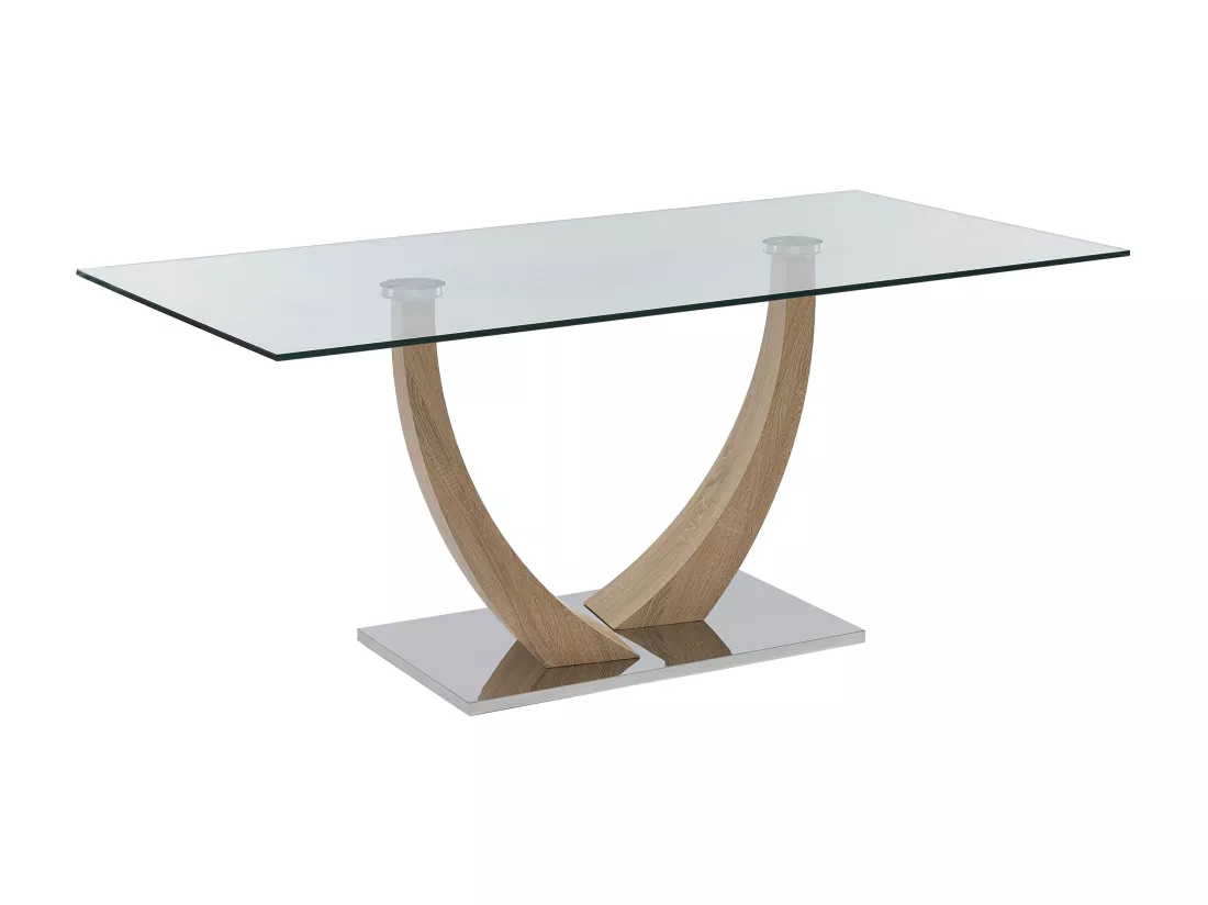 Table à manger 6 personnes en verre trempé, MDF et acier inoxydable - Naturel clair - MELODIE II