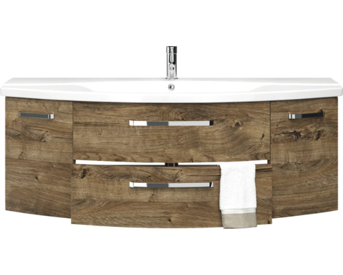 3-delige badkamermeubelset Pelipal xpressline 4010 BxHxD 144 x 200 x 49,5 cm, frontkleur eiken ribbeck, met keramische wastafel in wit en keramische wastafel, wastafelmeubel, spiegelkast met LED-verlichting, greep chroom hoogglans 4010.1400269 401014