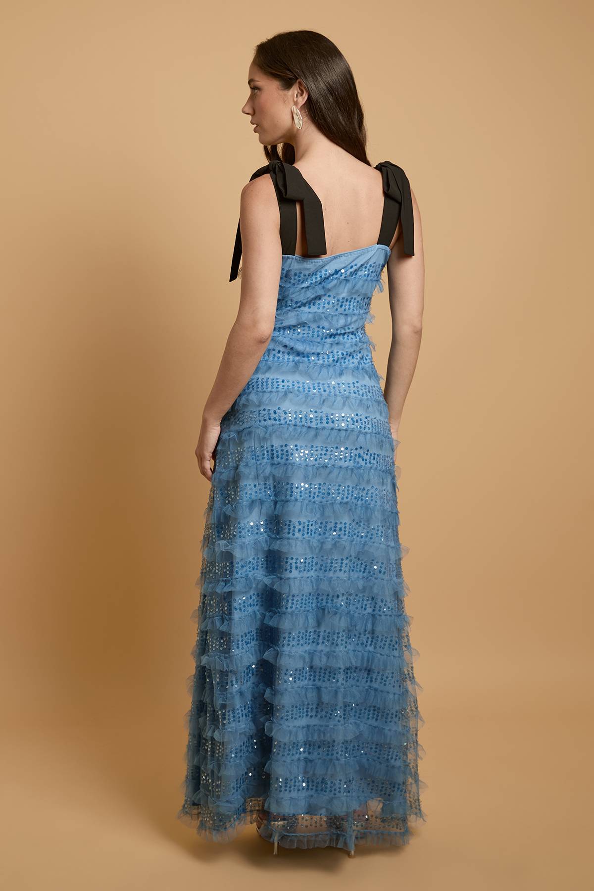 Oasis Robe Longue En Mesh À Sequins Étagée Avec Nœuds Aux Épaules