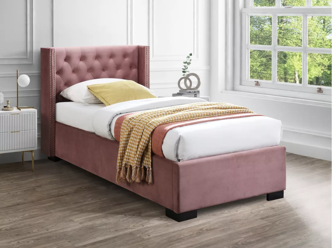 Lit coffre 90 x 200 cm avec tête de lit capitonnée - Velours - Rose + Matelas - MASSIMO