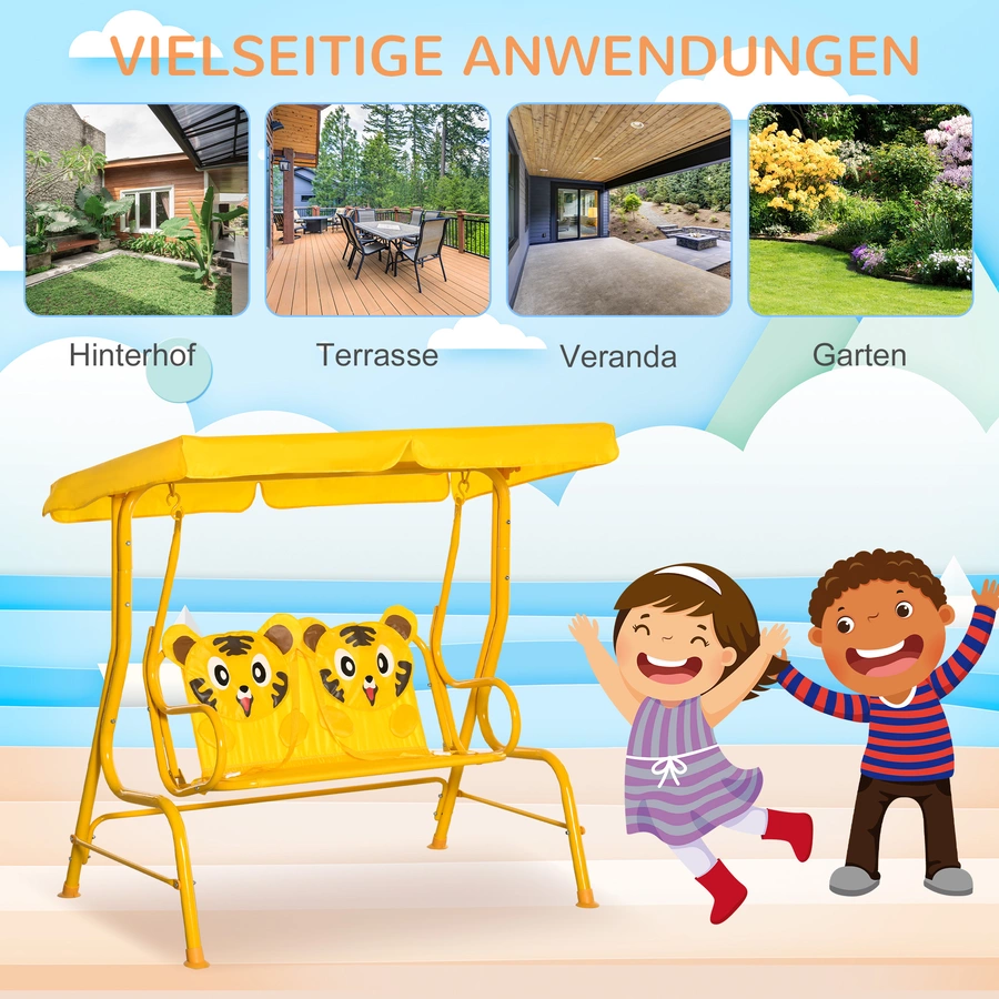 Outsunny Kinder Hollywoodschaukel mit dem Tigermuster, mit dem winkelverstellbaren Verdeck gelb