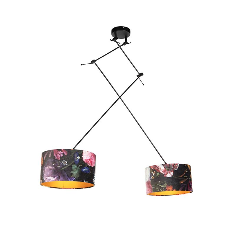 Hanglamp zwart met velours kappen bloemen met goud 35 cm 2-lichts - Blitz