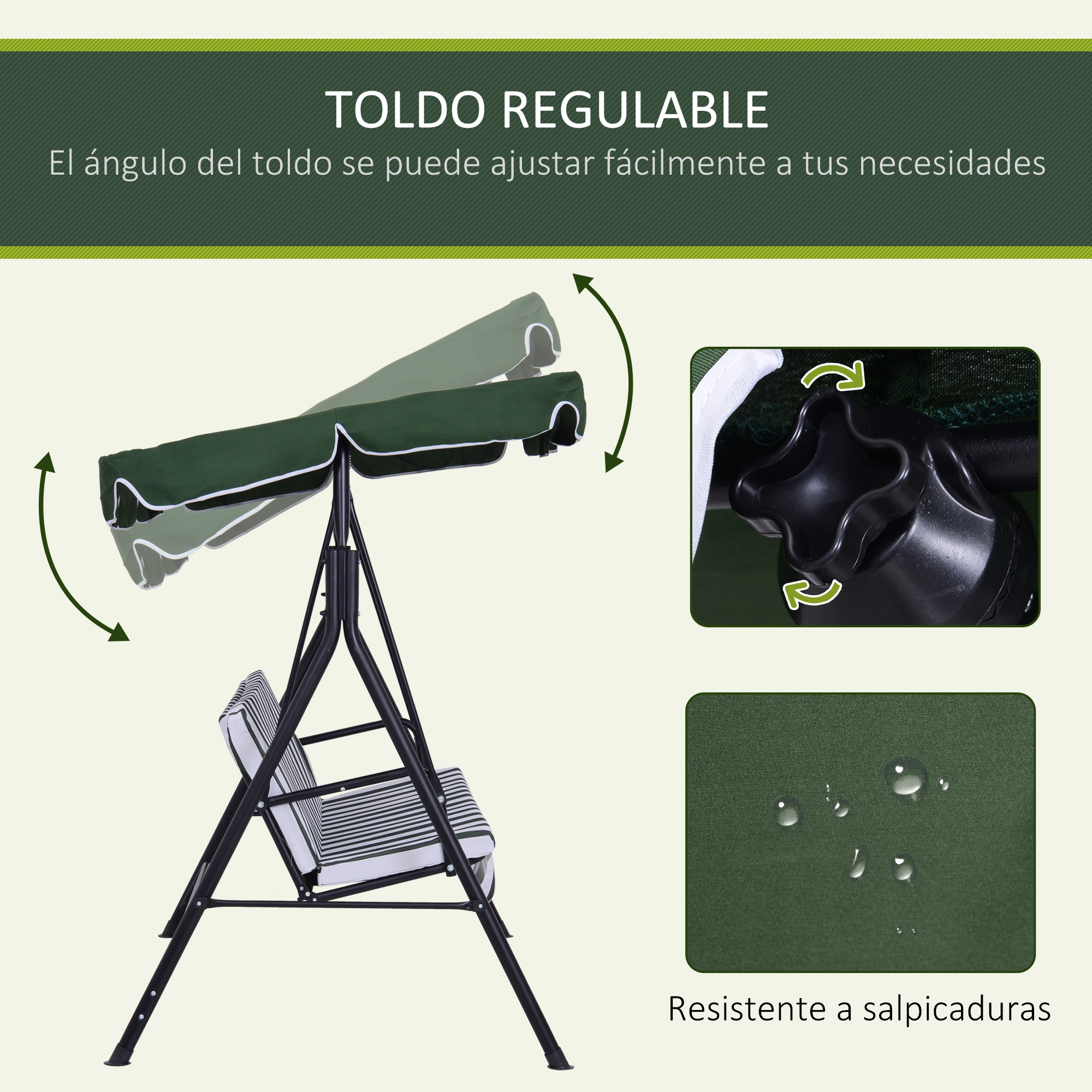Balanço de jardim Outsunny de 3 lugares, cadeira de balanço externa com teto ajustável e estrutura de aço para varanda, terraço e pátio, capacidade de carga de 200 kg, 172 x 110 x 153 cm, verde.