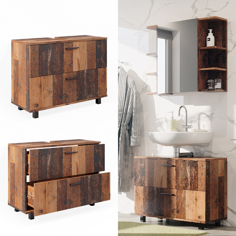 Vicco Waschtischunterschrank Waschbeckenunterschrank Ilias Old Style modern 80x61 cm Badezimmer Schrank Badschrank Badkommode Badmöbel 2 Schubladen
