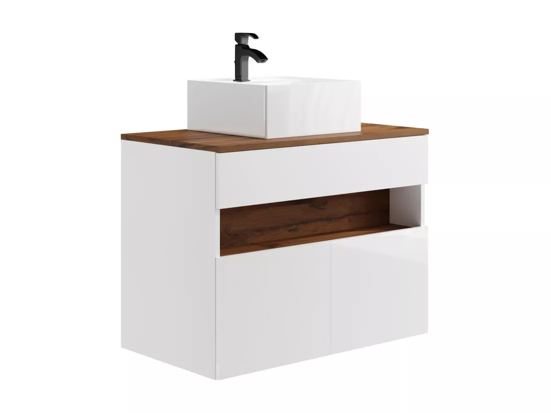 Meuble de salle de bain suspendu à LEDs avec vasque à poser - Blanc et naturel foncé - L80 cm - POZEGA