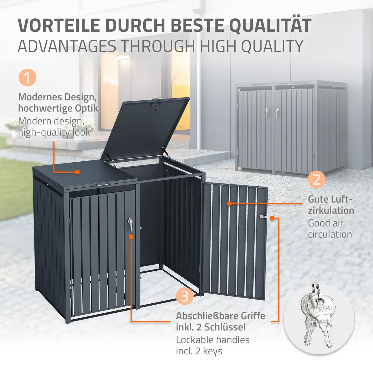 ML-Design Dubbele Bin-opslagunit voor 2 x 240L-containers, 132 x 80 x 116,3 cm, Antraciet, Staal, Weerbestendig, Afsluitbare containerbehuizing met scharnierend deksel/2 deuren, Containeropslagunit, Container, Containerdeksel
