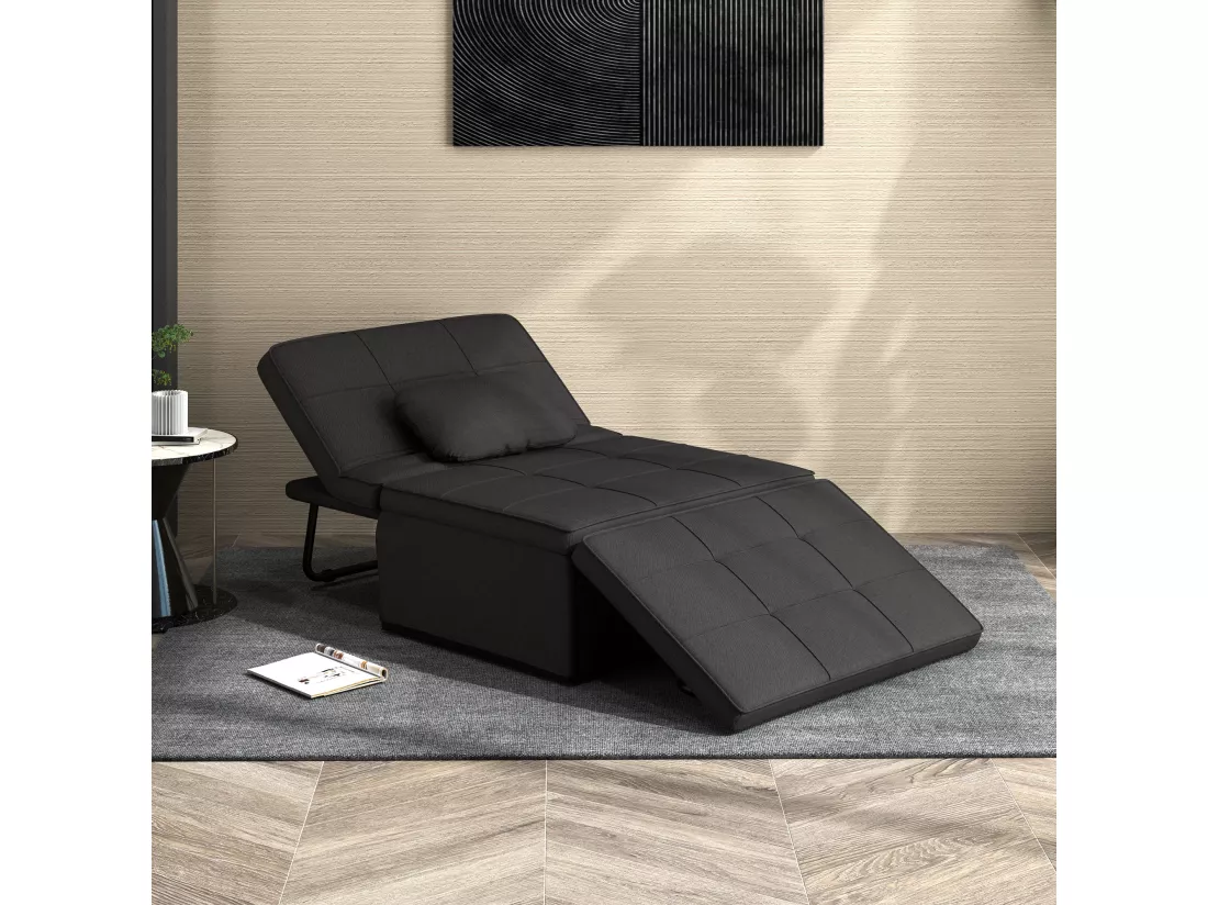 Fauteuil chauffeuse chaise longue pouf 3 en 1 dossier inclinable 5 niveaux repose-pied rabattable châssis métal noir lin noir