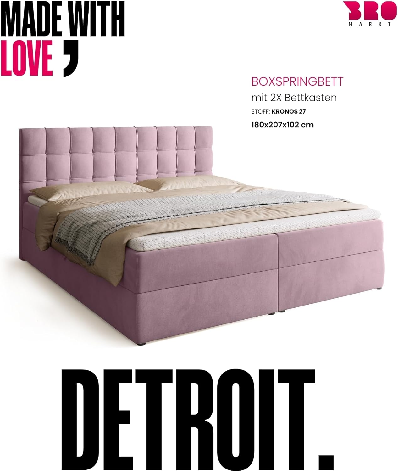 BROMARKT Boxspringbett mit Bonell Matratze und Bettkasten Doppelbett mit Topper 180x200cm Härtegrad H3 Bett für Schlafzimmer gepolsterte Kopfstütze Detroit Puderrosa