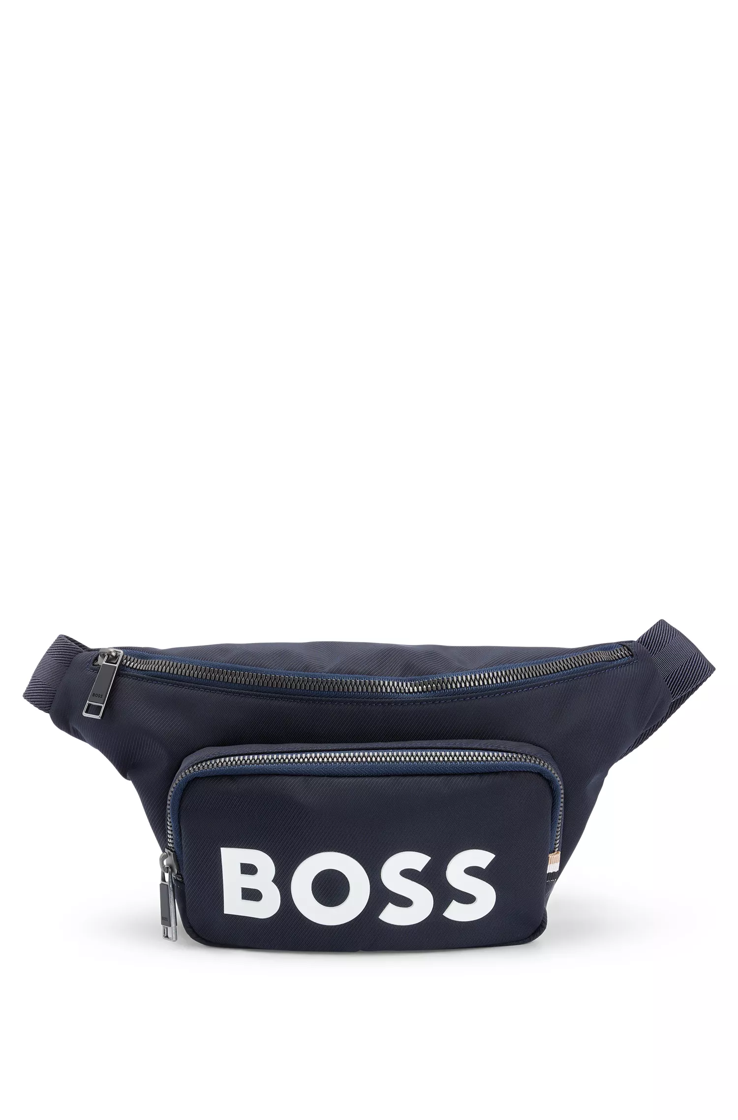 Bolsa de cintura BOSS em material estruturado preto com logotipo contrastante.