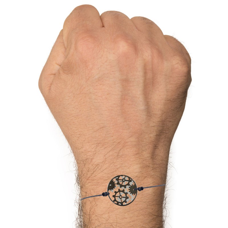 Bracelet Lien Homme Rouages Médaille Réversible Argent et Ruthénium - Gris