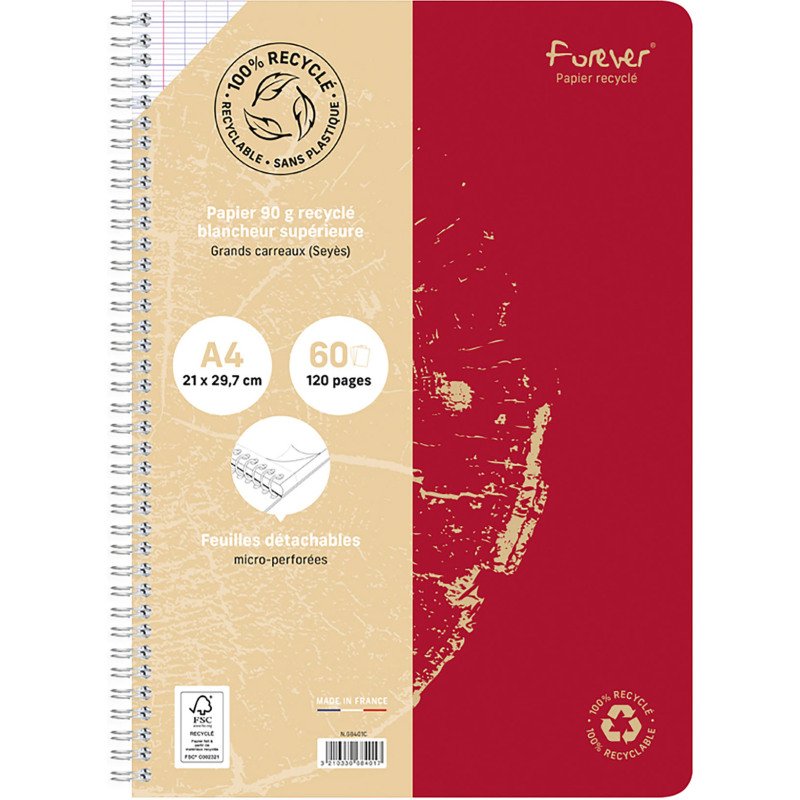 Cahier recyclé Forever Premium A4 - grands carreaux - 120 pages