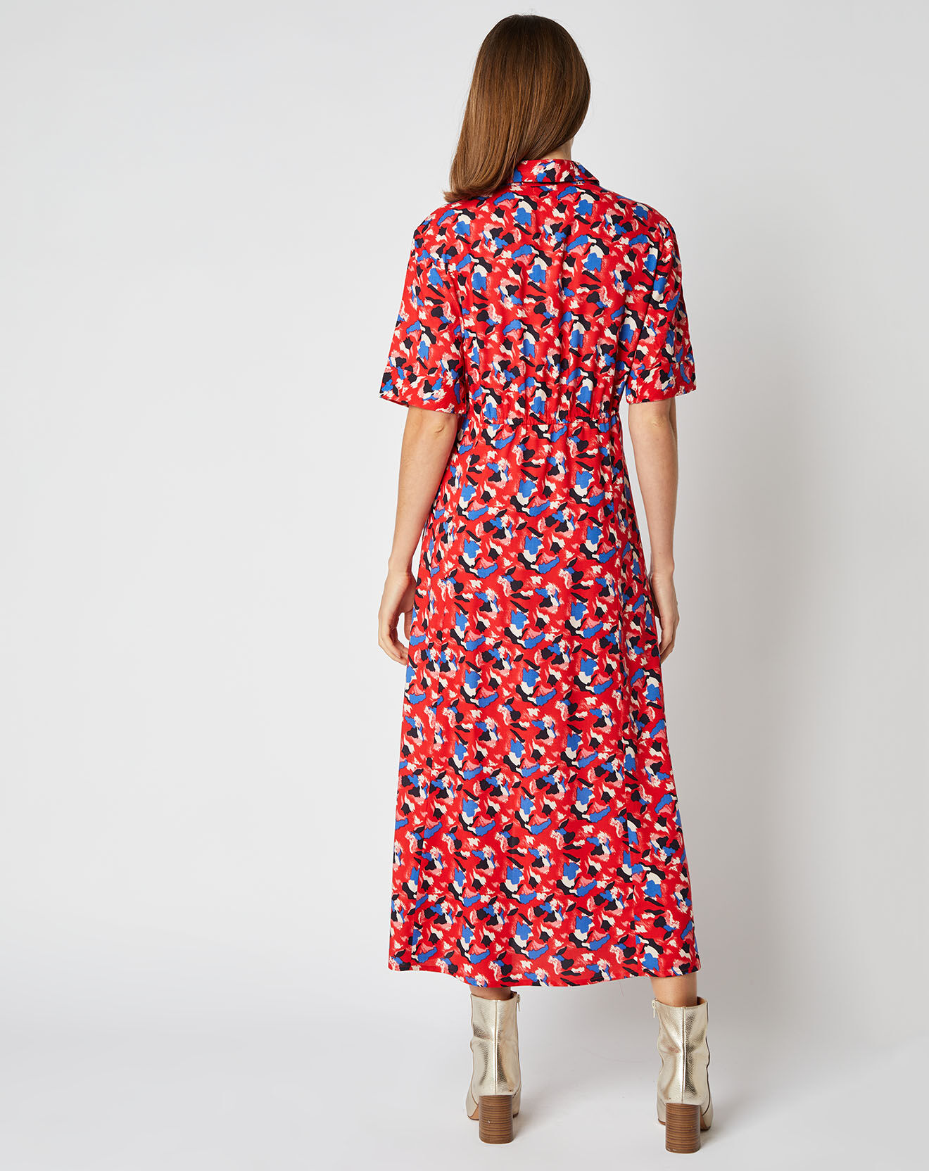 An'ge Robe chemise Elena coupe longue et cintrée à motifs rouge orangé