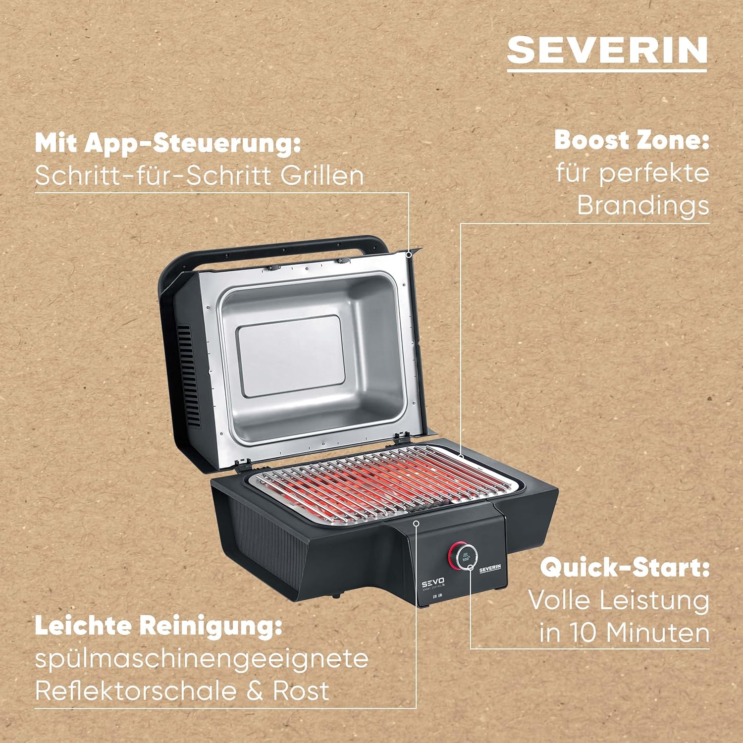 SEVERIN SEVO SMART CONTROL GT Elektrogrill mit App-Steuerung und Deckel, elektrischer Tischgrill, in 10 min bis 500°C, OLED-Display, für innen und außen, 3.000 W, Edelstahl/Schwarz, PG 8138